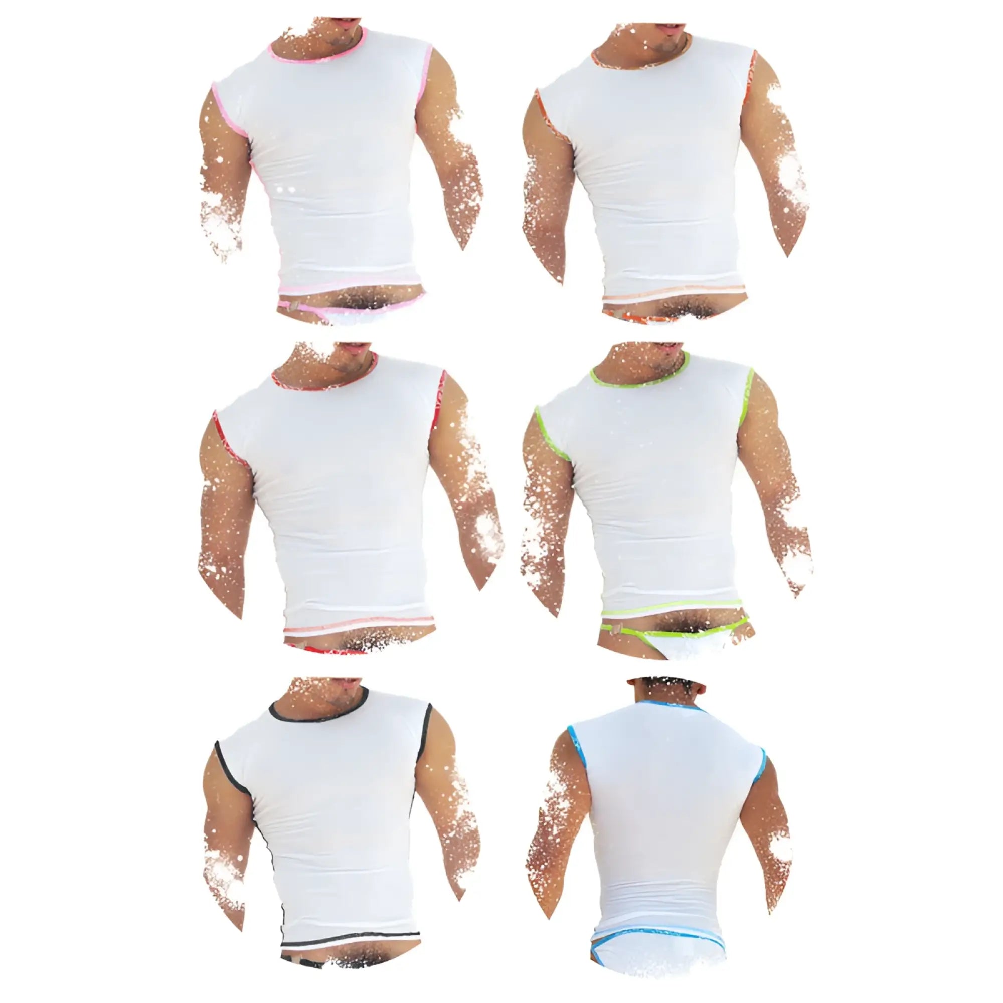 White sleeveless Icker Sea muscle tops with fresh dots logo trim in pink red green black and blue assorted colors