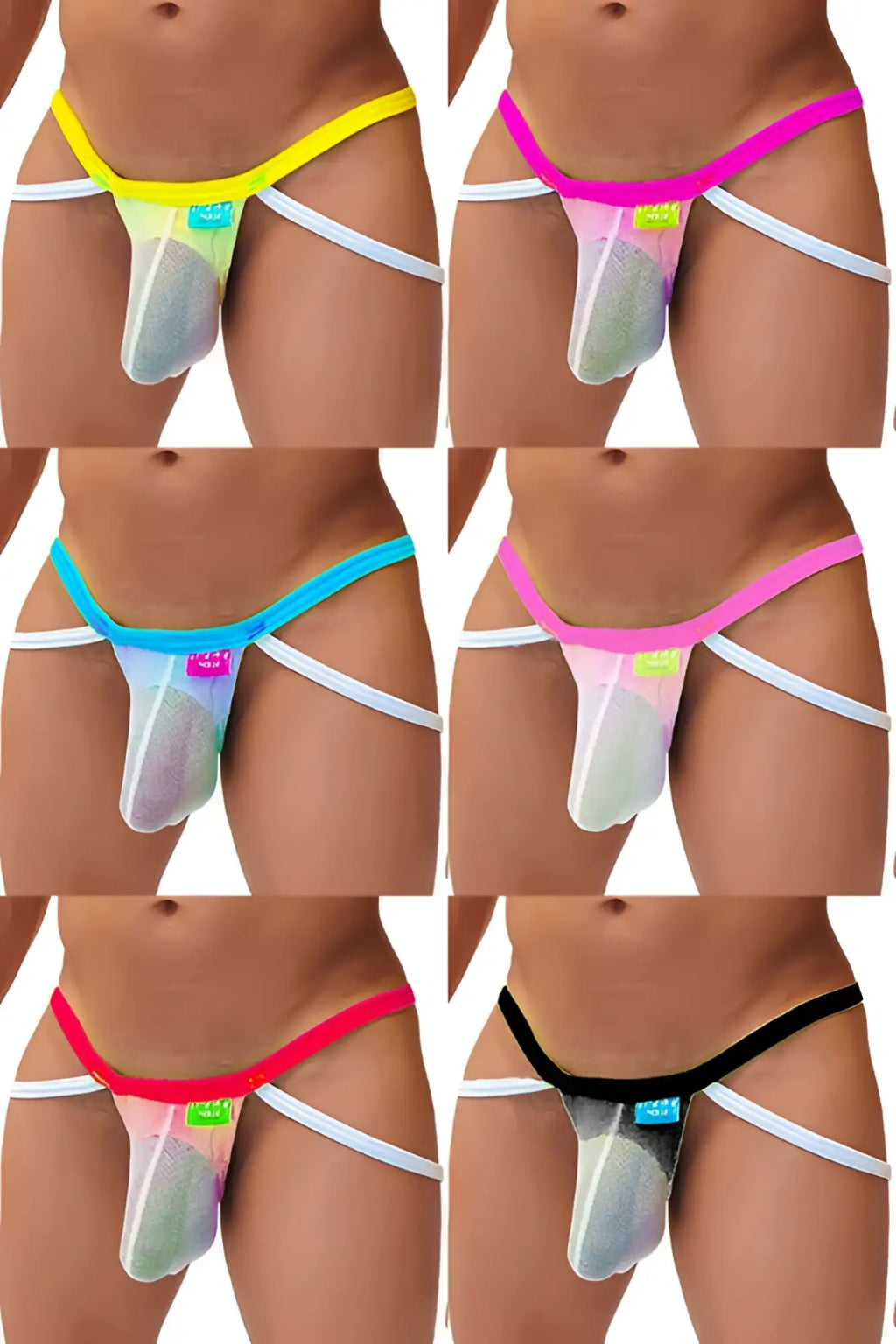 Icker Sea 7 pack fruitful enhancement mesh jock strap thong underwear with brightly colored mesh front and white side straps