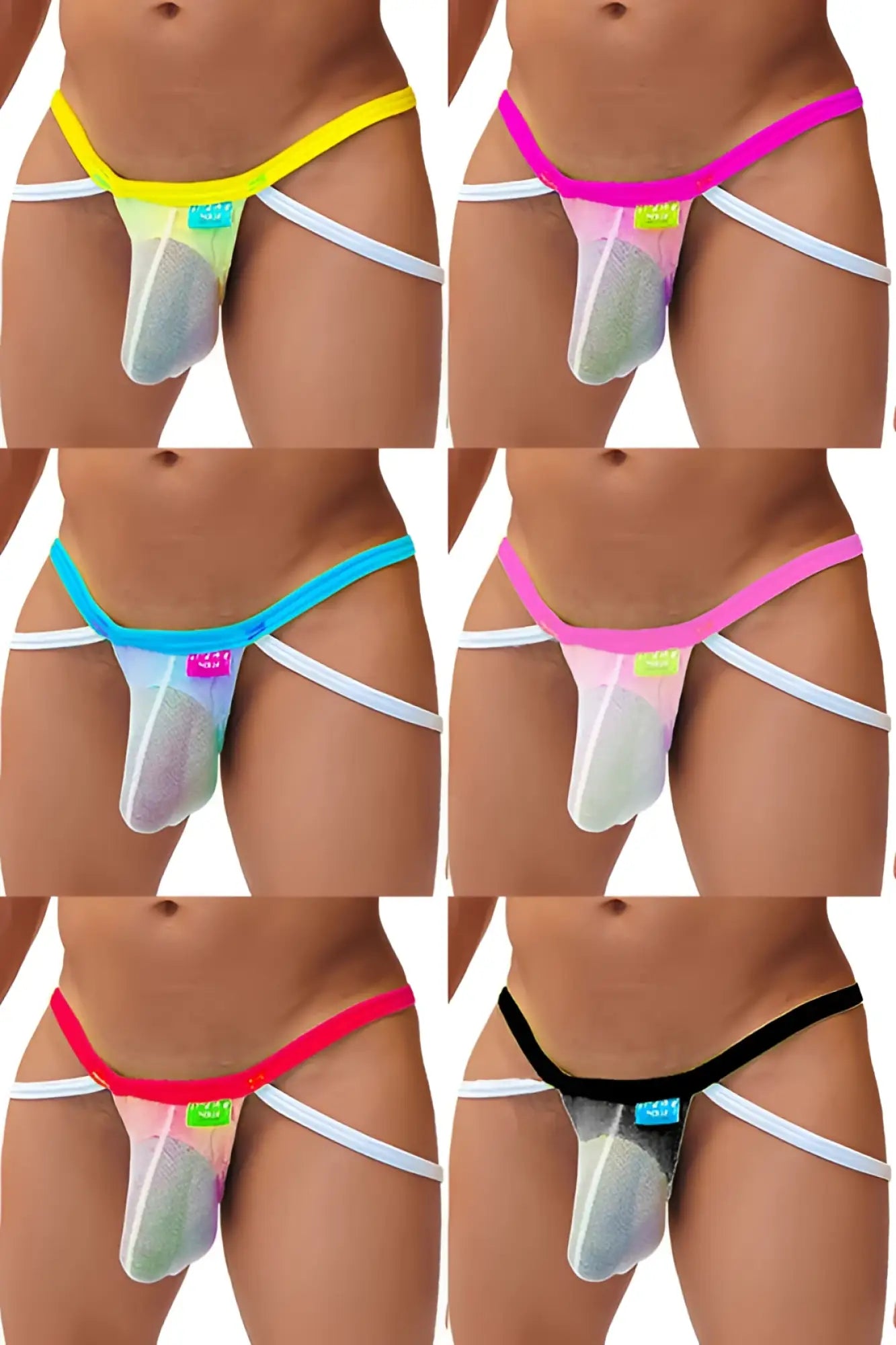 Icker Sea 7 pack fruitful enhancement mesh jock strap thong underwear with brightly colored mesh front and white side straps