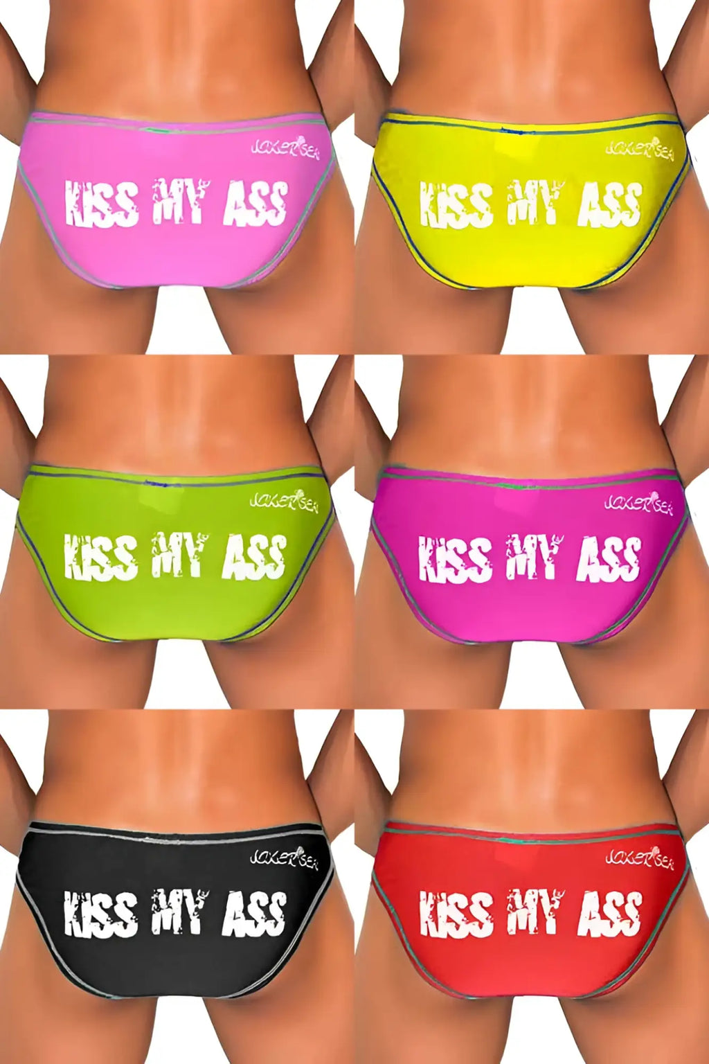 Icker Sea 7 pack kiss my ass swim trunks in pink neon yellow lime green black and red with white lettering and gloss finish
