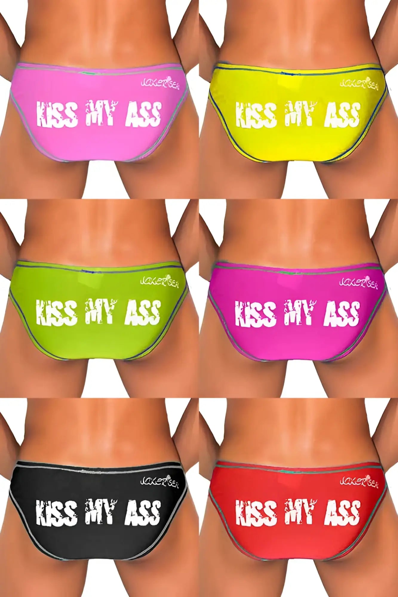 Icker Sea 7 pack kiss my ass swim trunks in pink neon yellow lime green black and red with white lettering and gloss finish