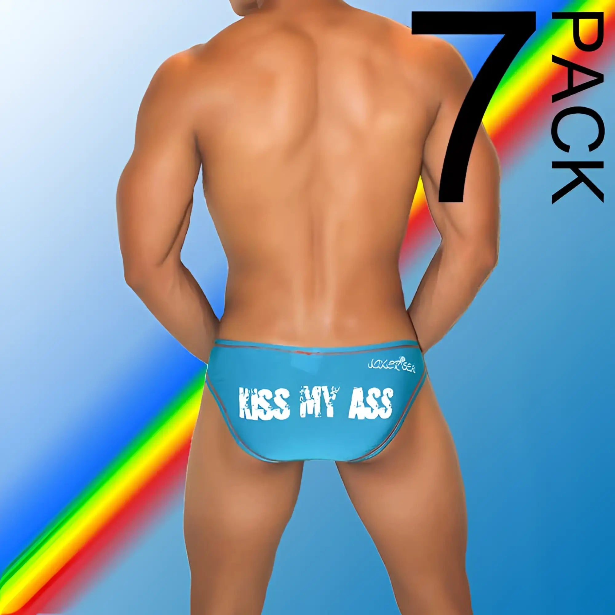 Blue jaxersea swim trunks with white kiss my ass text and contrast stitching from icker sea 7 pack bikini underwear
