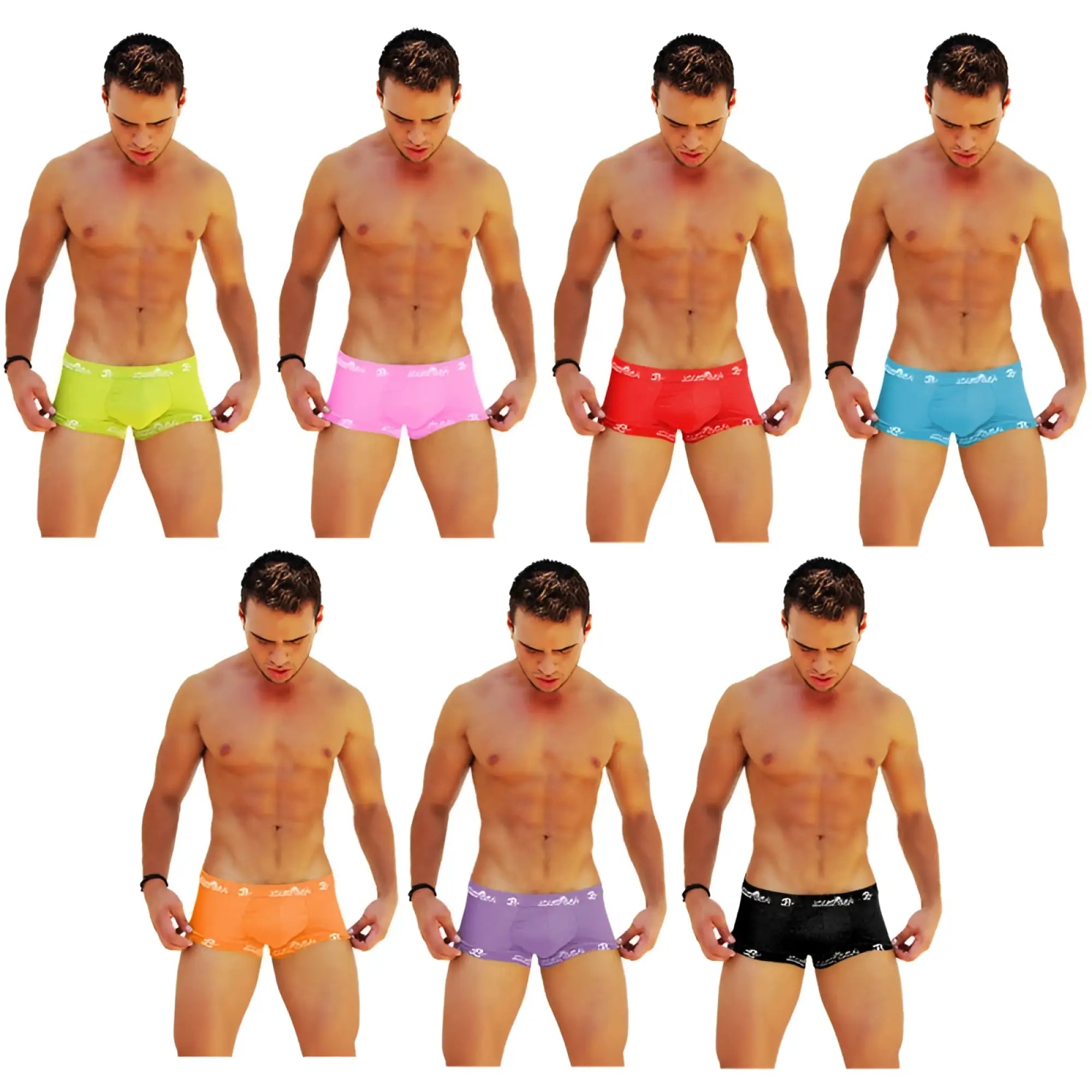 Icker Sea 7 pack logo trim boxer brief underwear in assorted neon colors with subtle white logo waistband trim