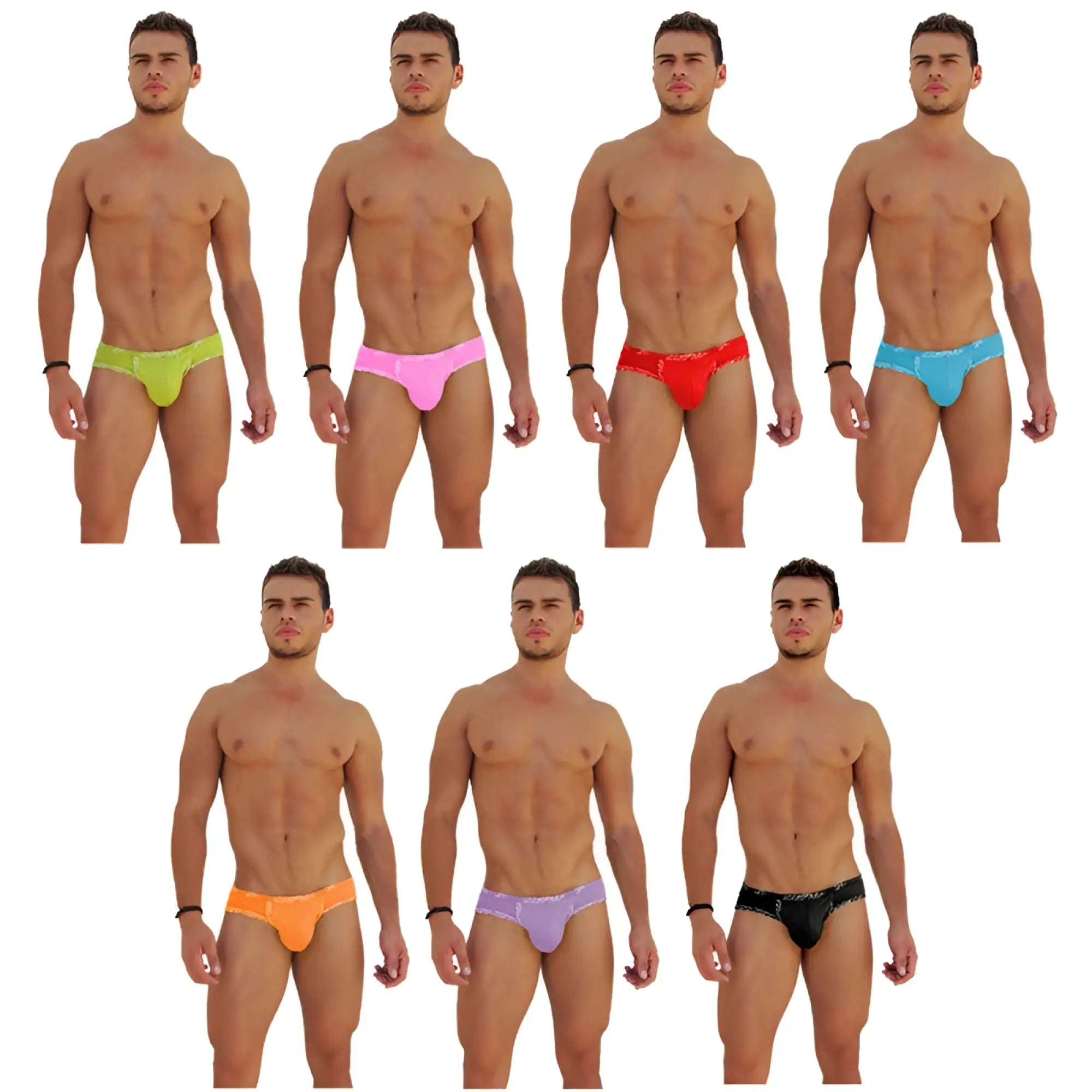 Icker Sea 7 pack logo trim kiss my ass brief underwear in neon green pink red blue orange purple and black colors