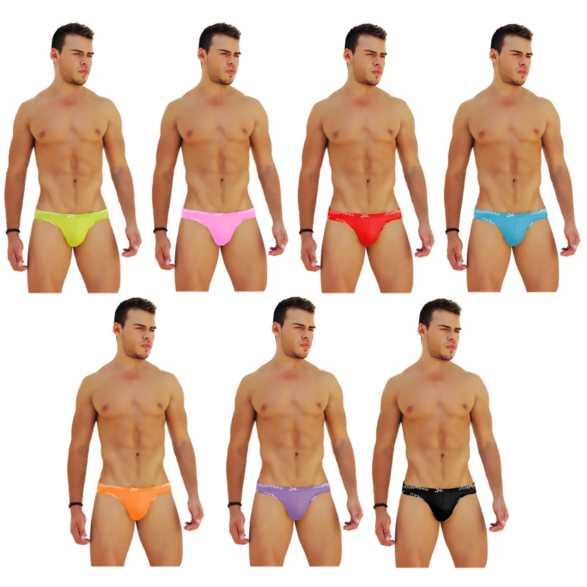 Icker Sea 7 pack logo trim kiss my ass slip bikini underwear with shiny neon sequined briefs in assorted colors