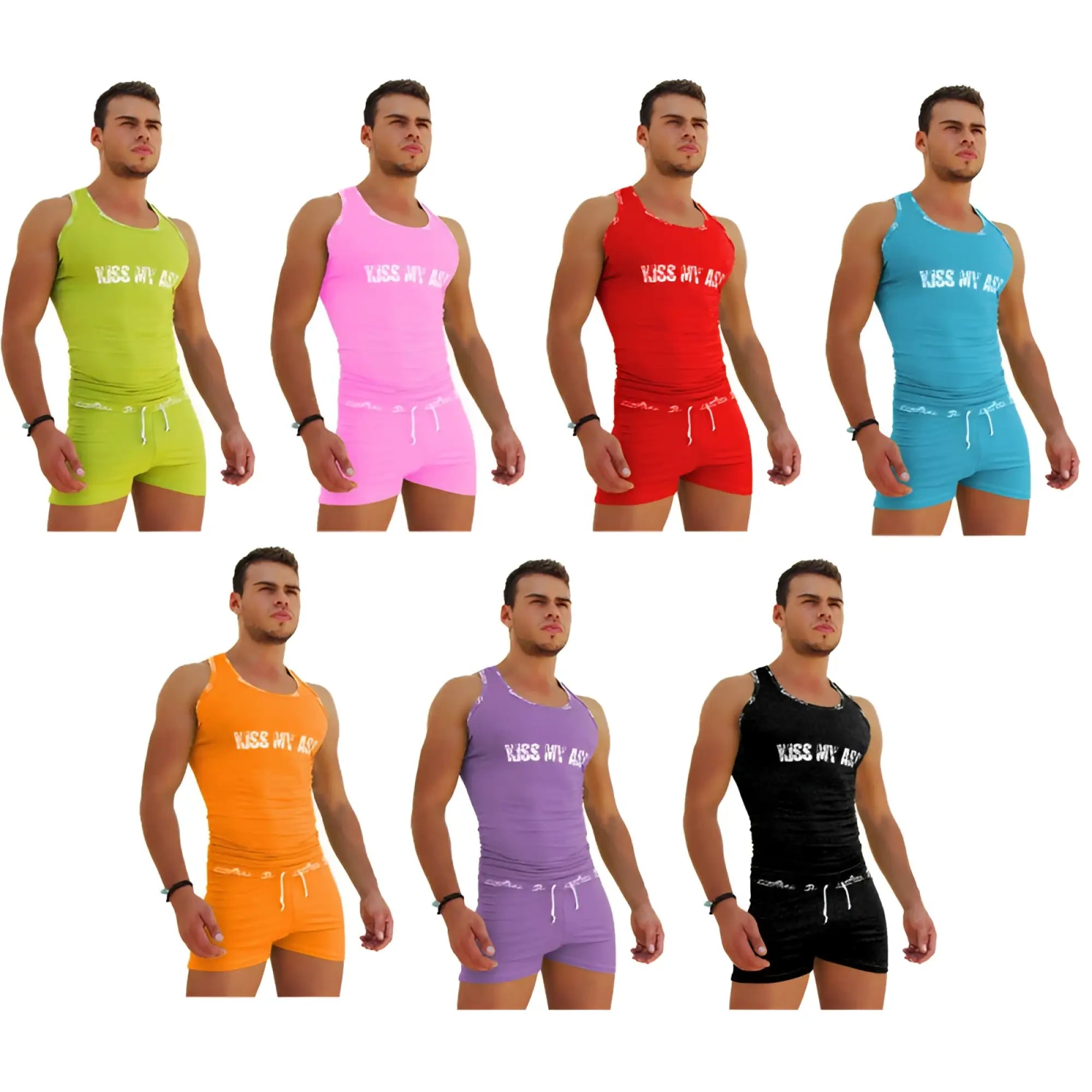 Icker Sea seven pack assorted colors tank top and long boxer set with kiss my ass text front logo trim