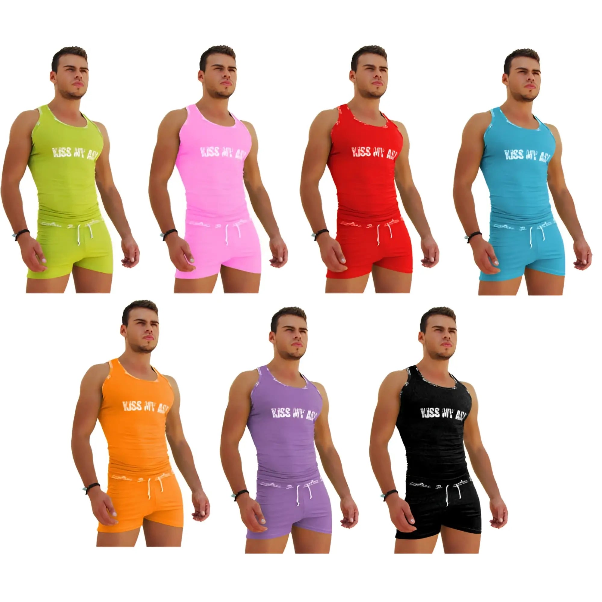 Icolor sea 7 pack kiss my ass tank top and shorts sets in assorted neon green pink red blue orange purple and black