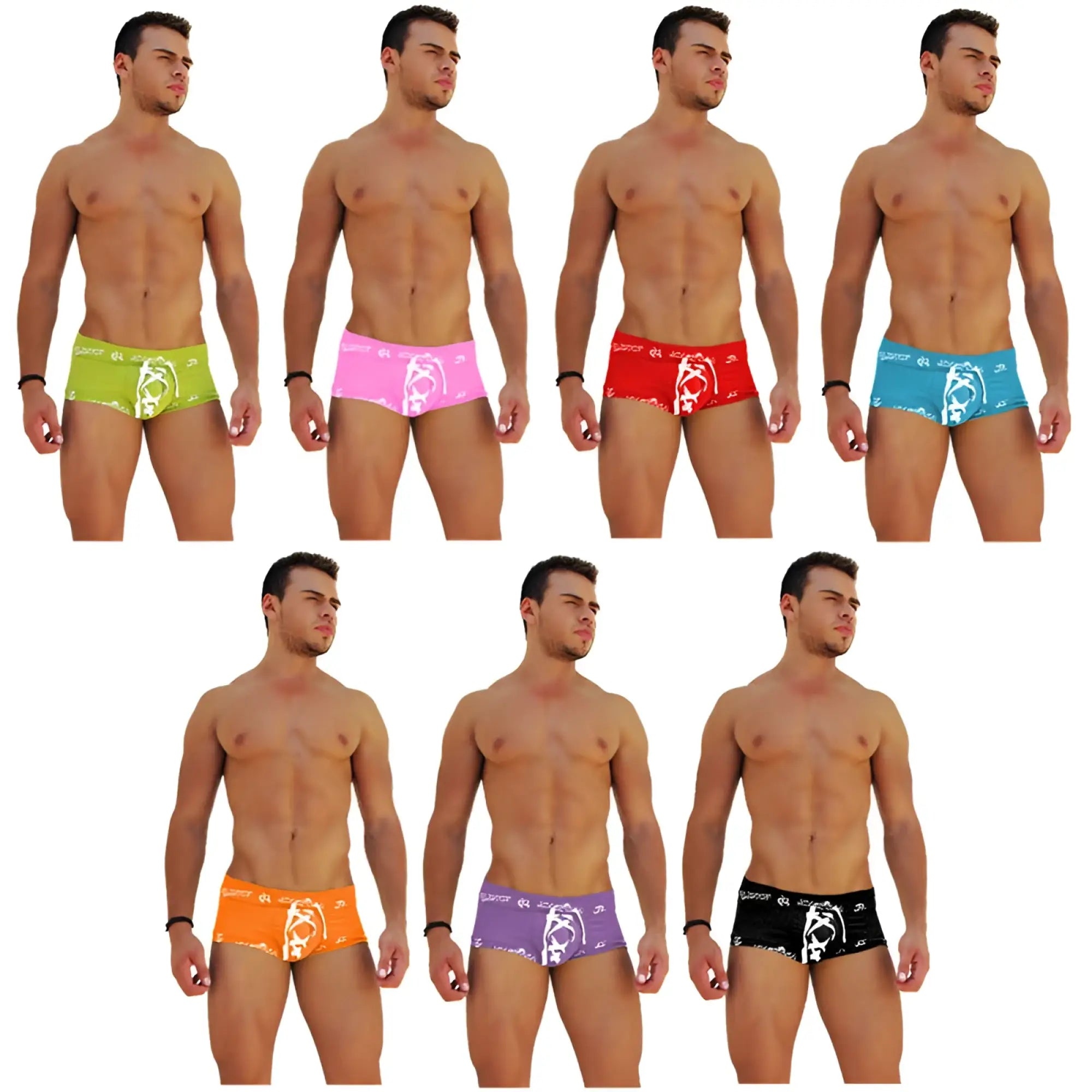 Icker Sea 7 pack logo trim lace front boxer brief underwear in assorted bright colors with white graphic design