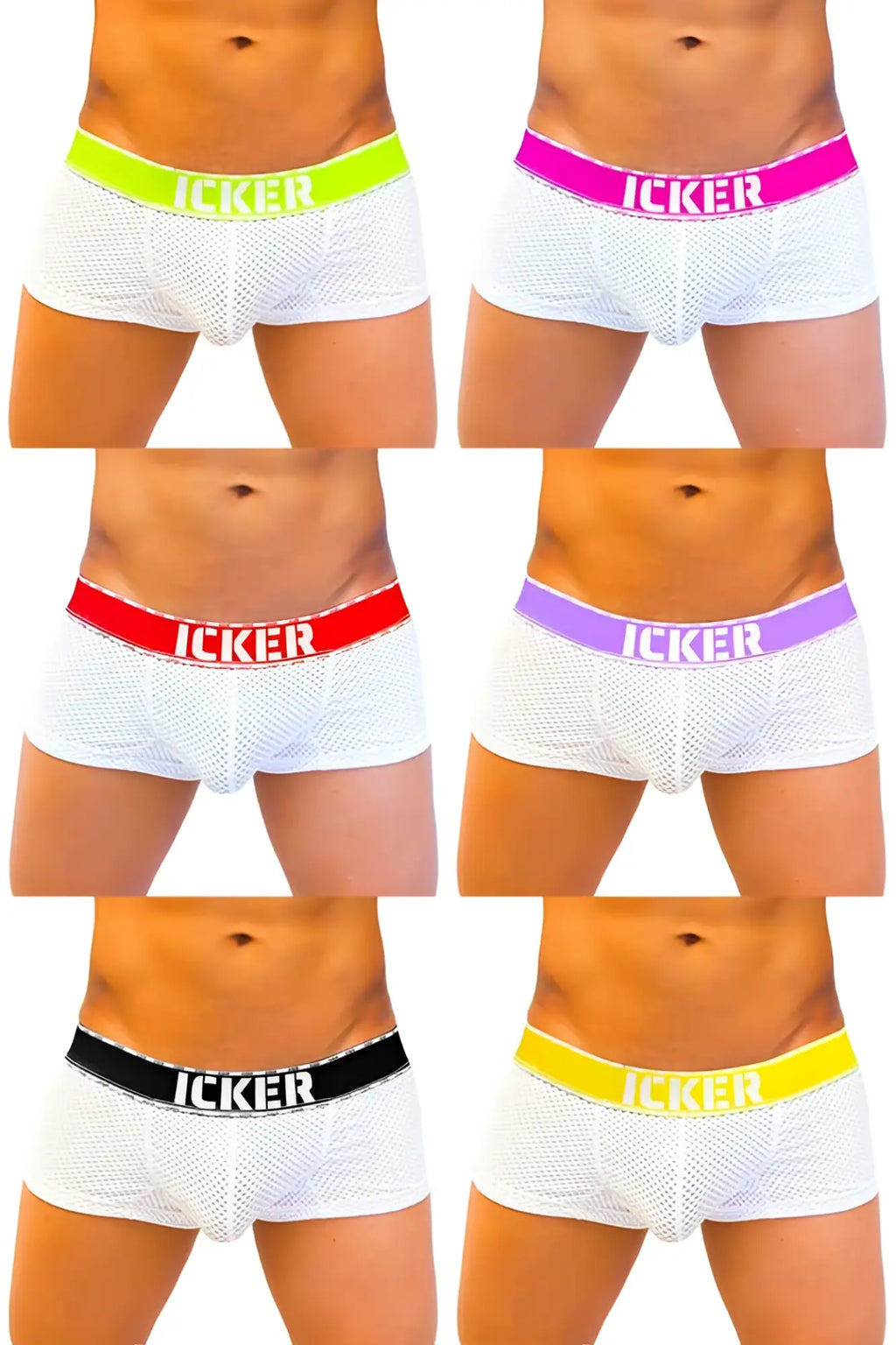 Icker sea 7 pack mesh contrast boxer briefs with white mesh and neon green pink red purple black and yellow waistbands