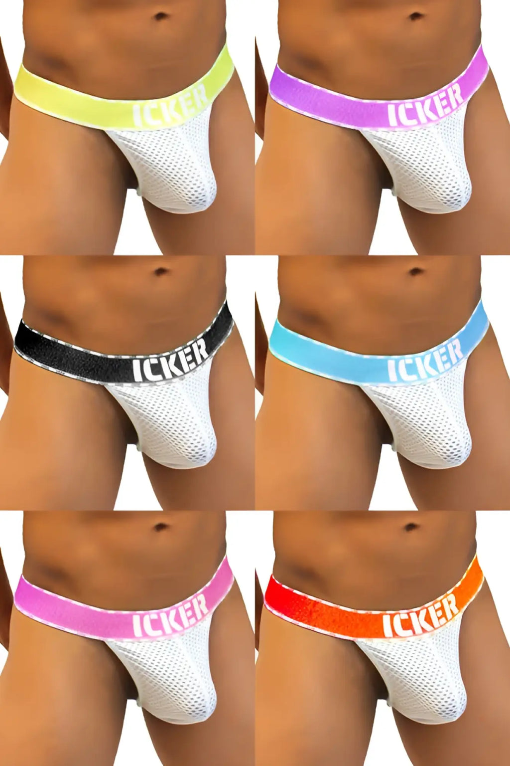 White mesh athletic briefs in neon yellow purple black light blue pink and orange with icker brand waistband in a 7 pack