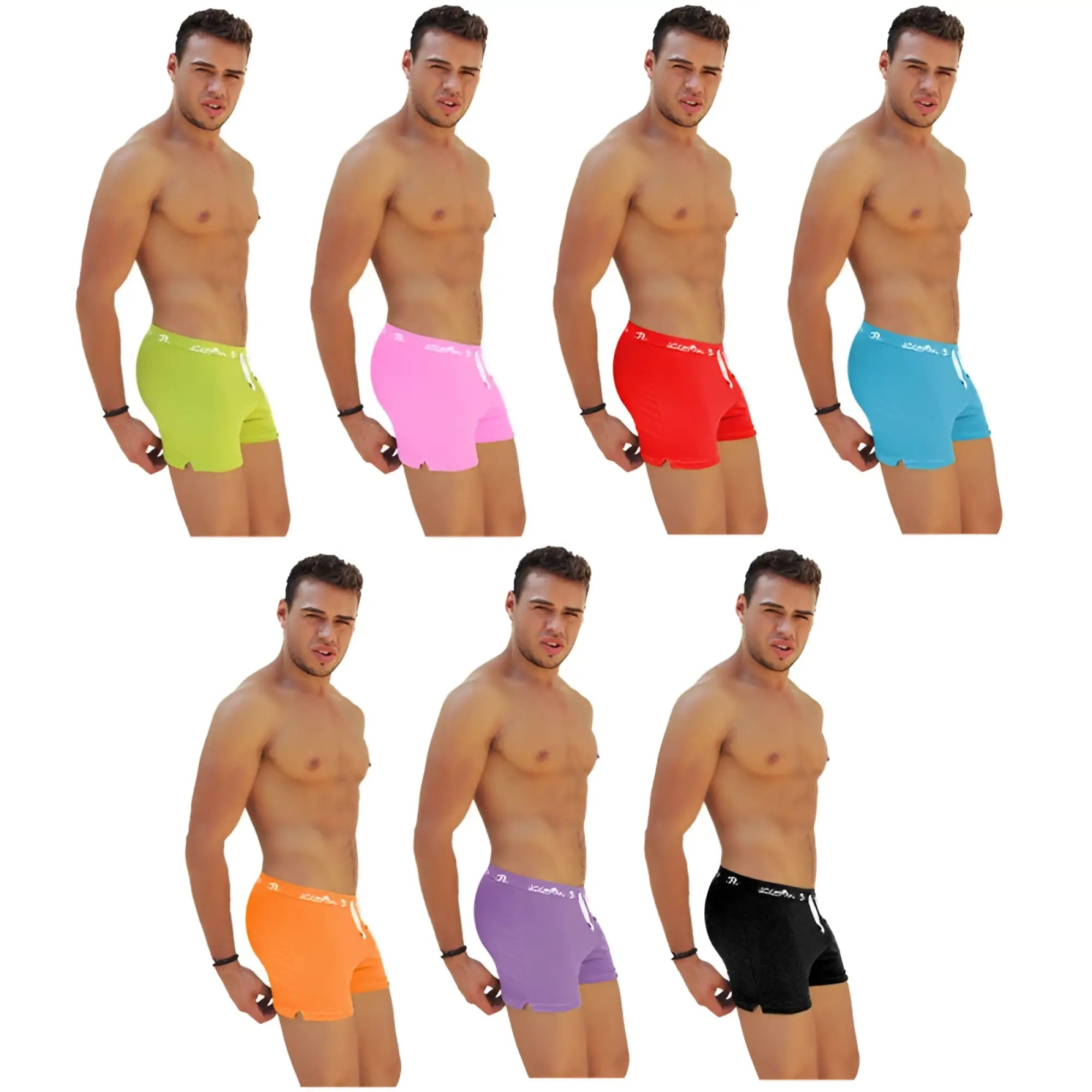 Icker Sea 7 pack side slit long boxer briefs for men in neon green pink red blue orange purple and black colors