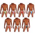 Brightly colored neon green pink red blue and black form-fitting thong underwear with white Yee logo trim in a 7 pack