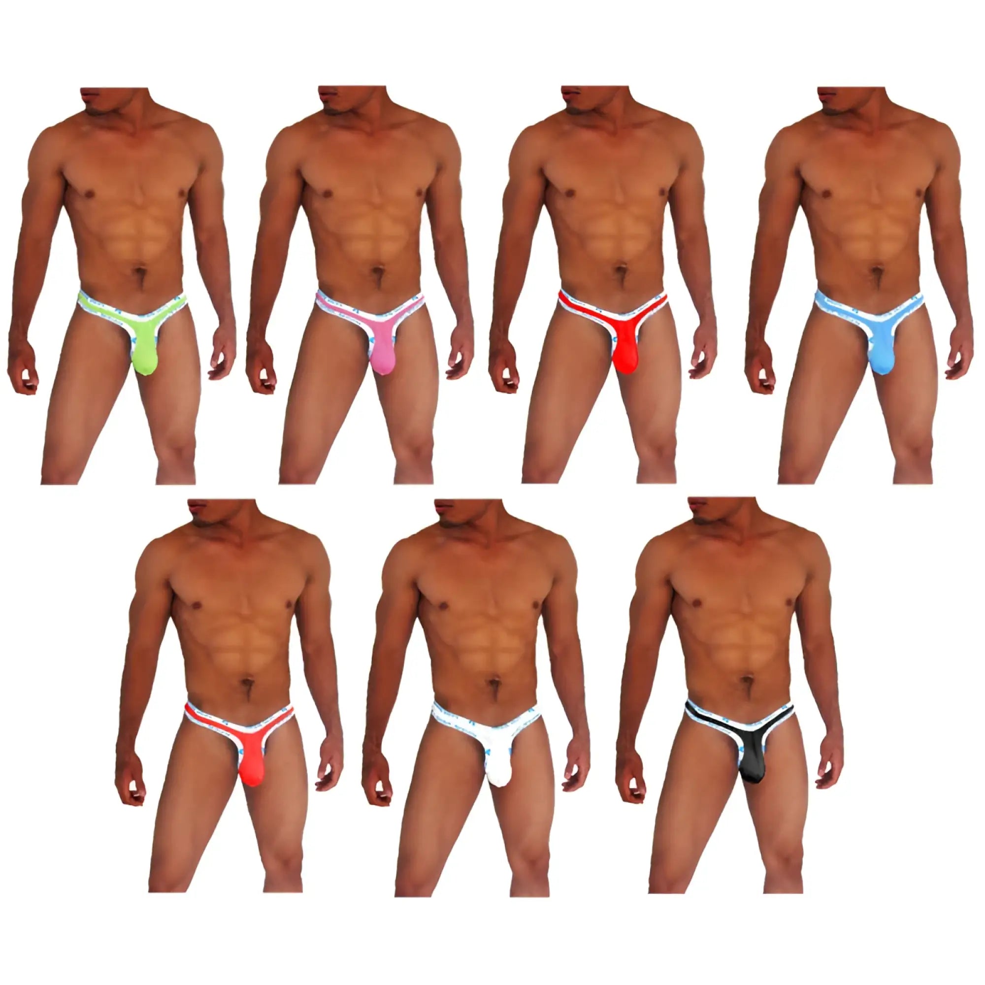 Brightly colored neon green pink red blue and black form-fitting thong underwear with white Yee logo trim in a 7 pack