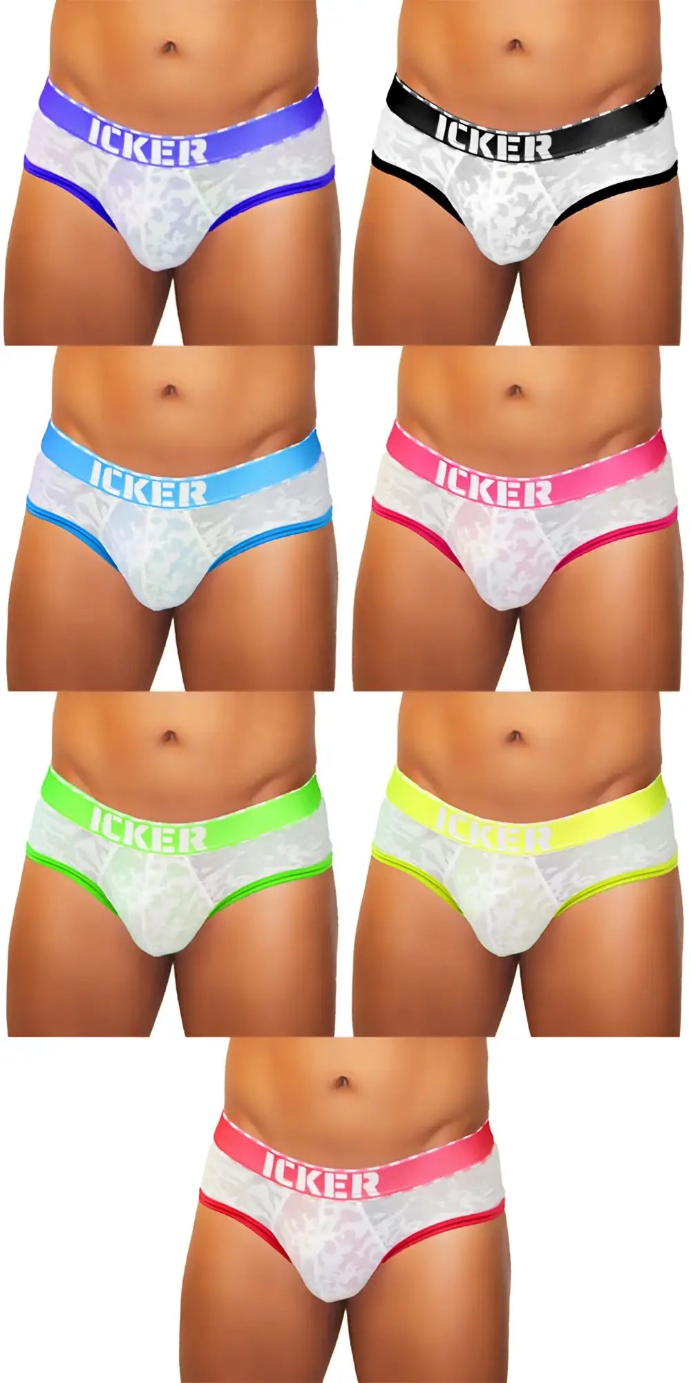 Icker Sea 8 pack acid mesh piping white lace briefs with colorful elastic waistbands in blue black pink neon green and yellow