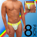 Bright neon yellow and white lace thong with icker branding on waistband from icker sea acid mesh piping cheeky tanga set