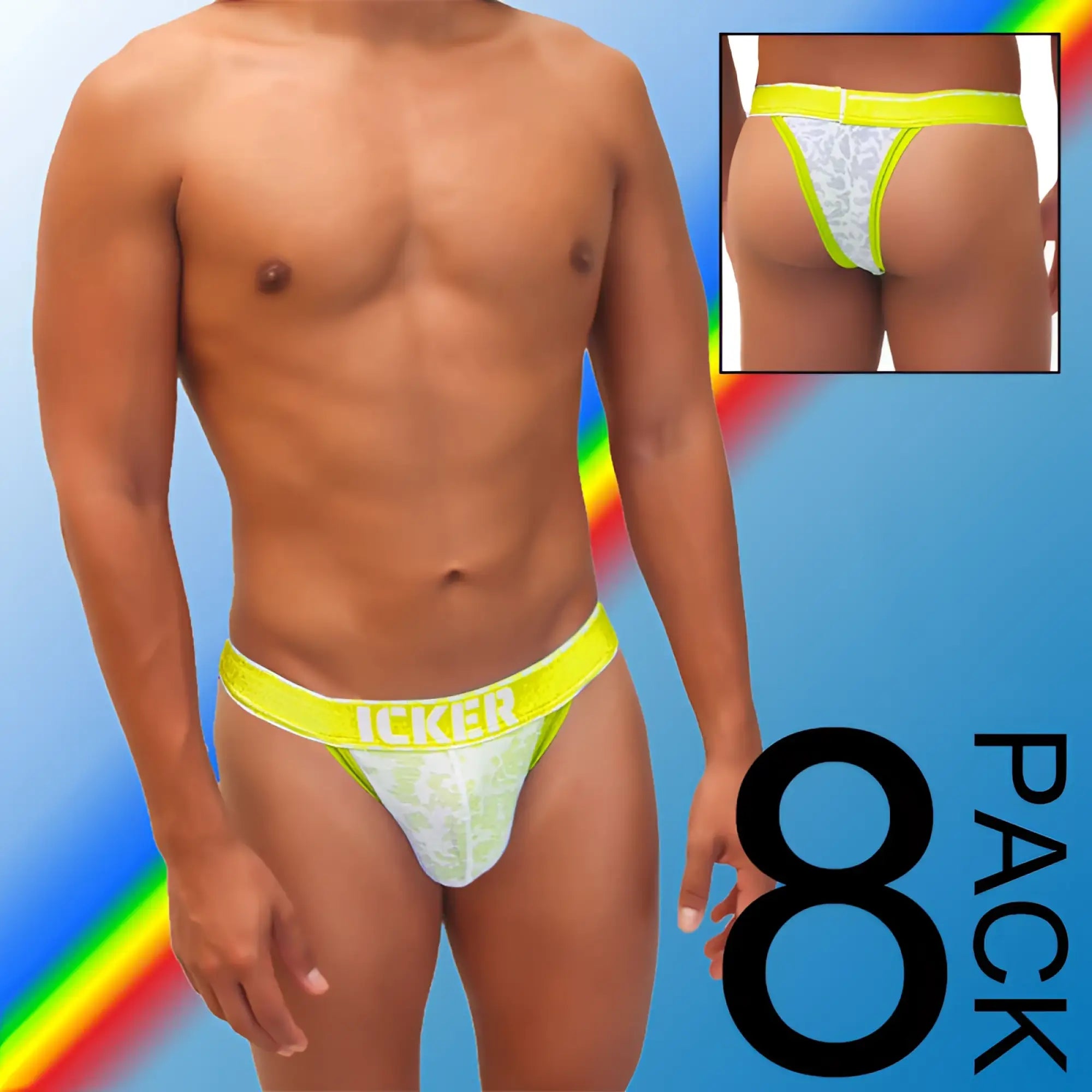 Bright neon yellow and white lace thong with icker branding on waistband from icker sea acid mesh piping cheeky tanga set