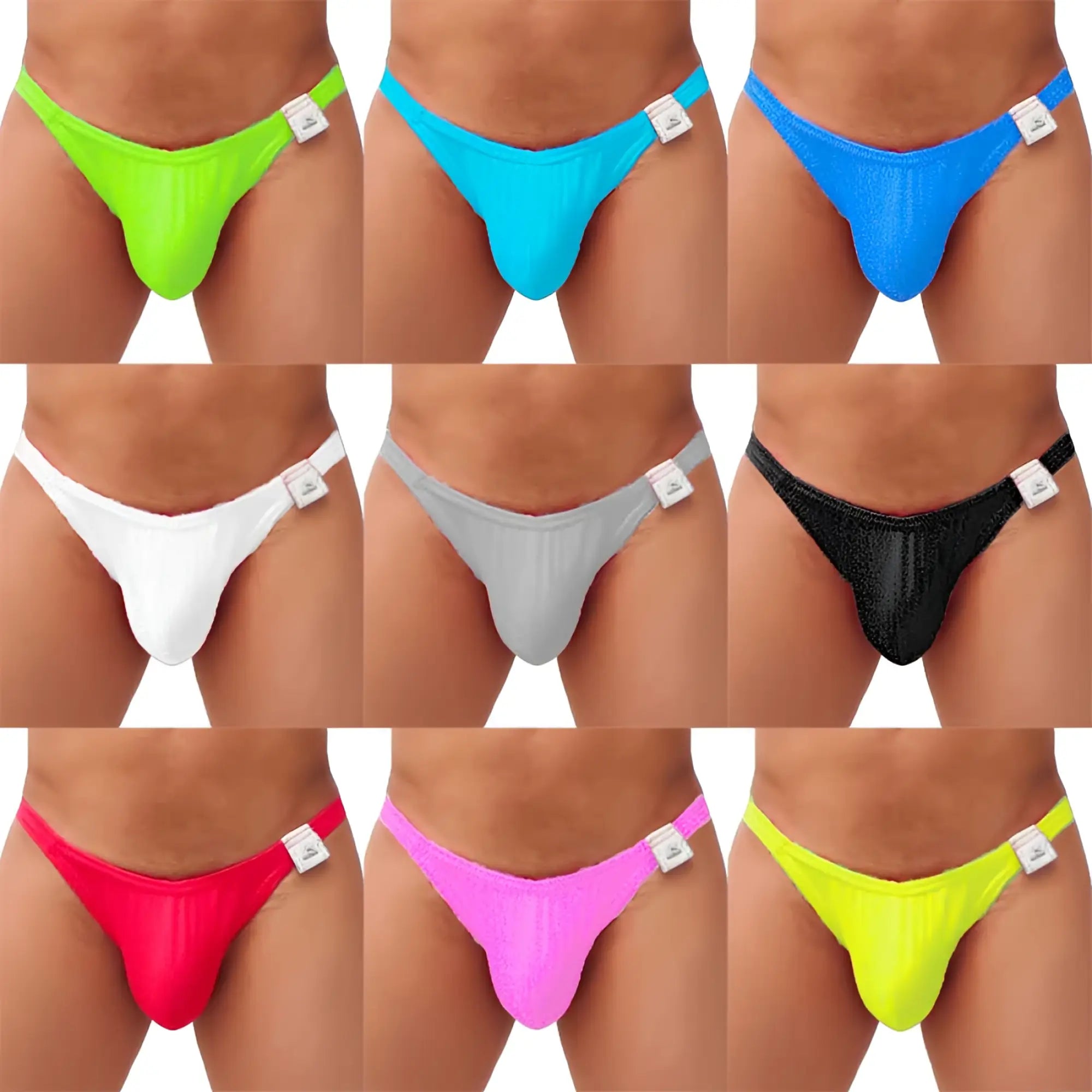 Icker Sea 9 pack capri bikini underwear in neon green cyan blue royal blue white gray black red pink and yellow nylon
