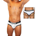 White lace-patterned men’s briefs with black elastic waistband and icker branding in sea acid mesh piping design