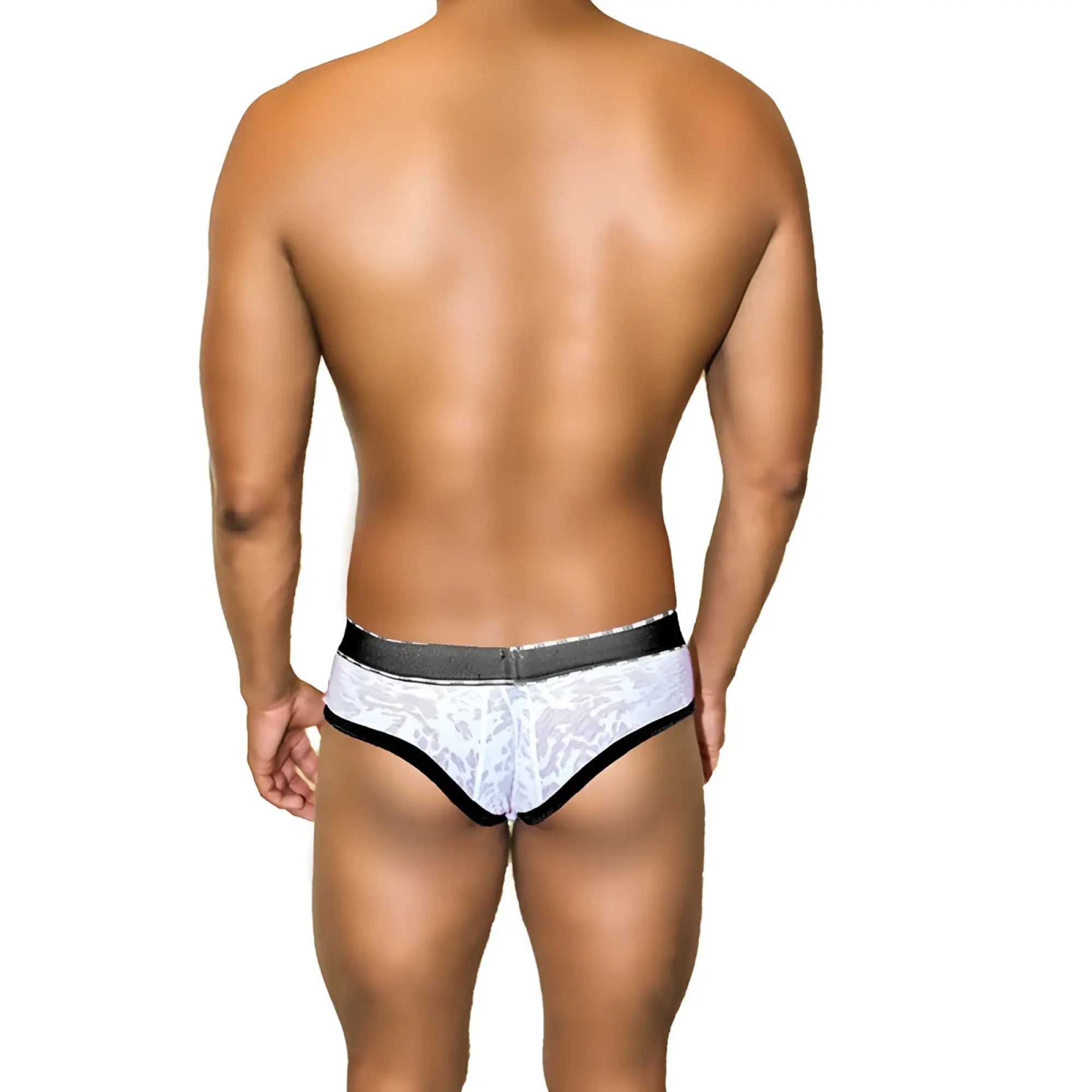 Icker Sea Acid Mesh piping brief underwear in white lace with black trim and silver toned waistband in black