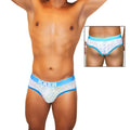 Light blue and white lace trimmed men’s briefs with mesh piping and icker logo waistband in Icker Sea Acid style
