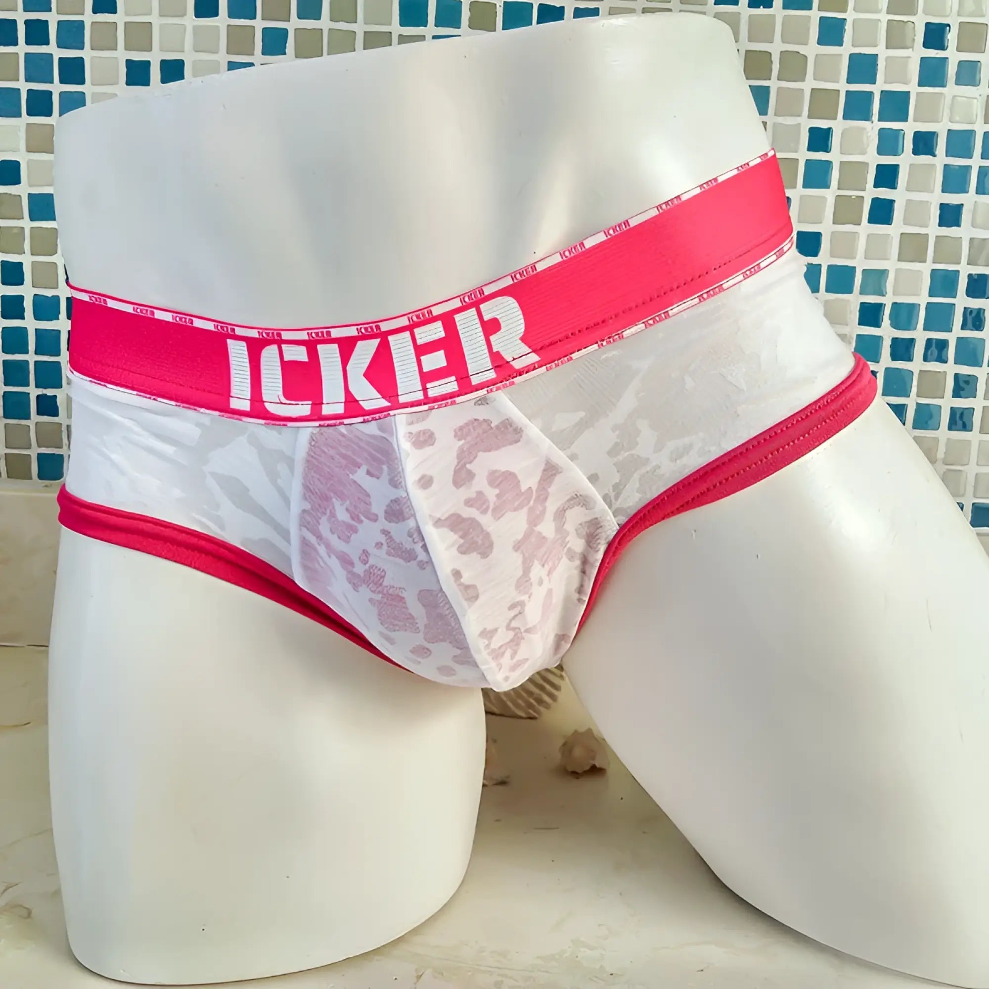 Icker sea acid mesh piping brief underwear fuchsia with pink and white lace trim and bold pink waistband