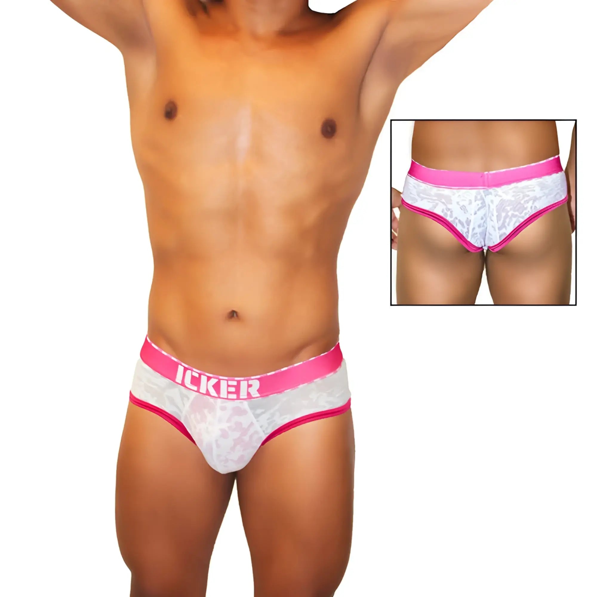 White lace men’s briefs with pink mesh piping and waistband featuring icker branding fuchsia coi 21 02
