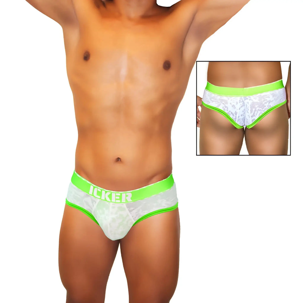 Icker sea acid mesh piping brief underwear in white lace with bright neon green trim and icker waistband branding