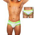 Icker sea acid mesh piping brief underwear in white lace with bright neon green trim and icker waistband branding