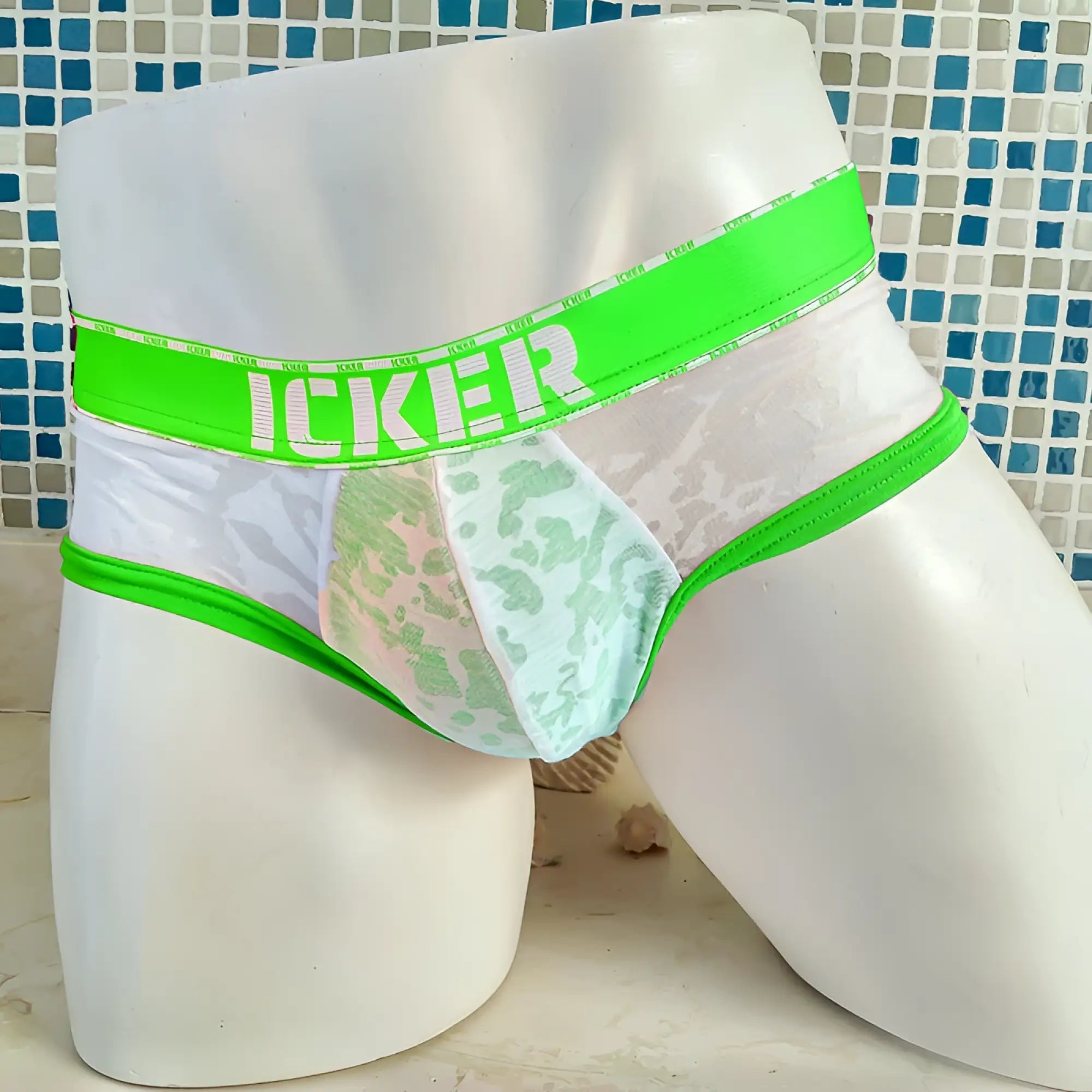 Icker sea acid mesh piping brief underwear green with bright neon green waistband white mesh and sheer lace fabric