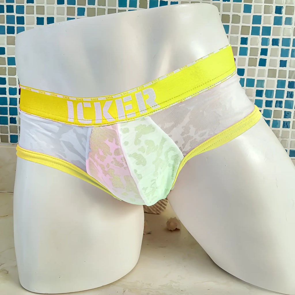 Icker sea acid mesh piping brief underwear in mango with bright yellow waistband and sheer white pastel lace interior
