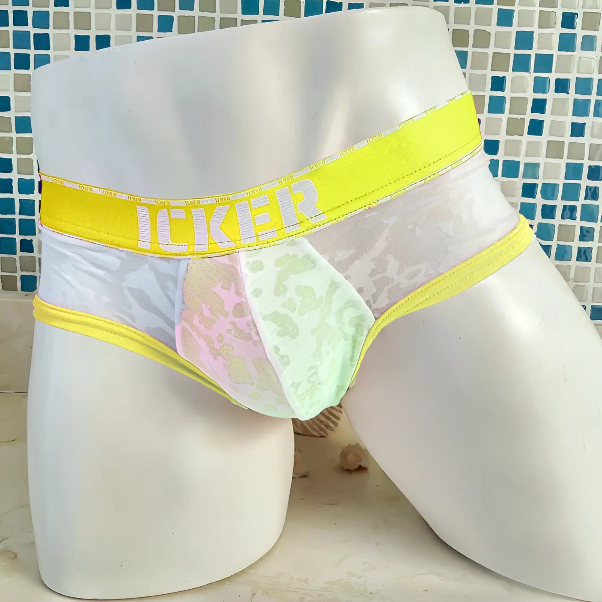 Icker sea acid mesh piping brief underwear in mango with bright yellow waistband and sheer white pastel lace interior