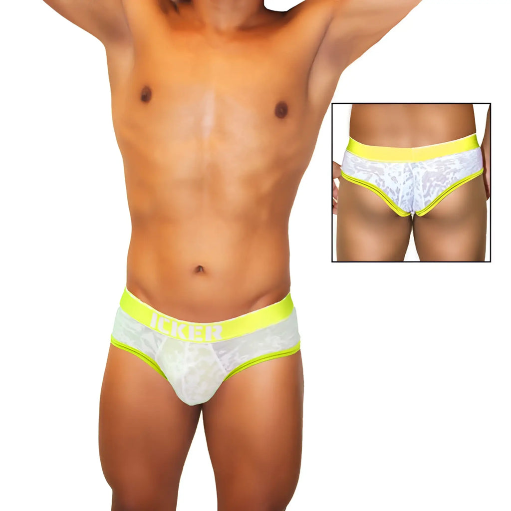 White lace men’s briefs with neon yellow trim and waistband featuring a subtle pattern from icker sea acid mesh piping brief underwear mango coi-21-02