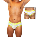 White lace men’s briefs with neon yellow trim and waistband featuring a subtle pattern from icker sea acid mesh piping brief underwear mango coi-21-02