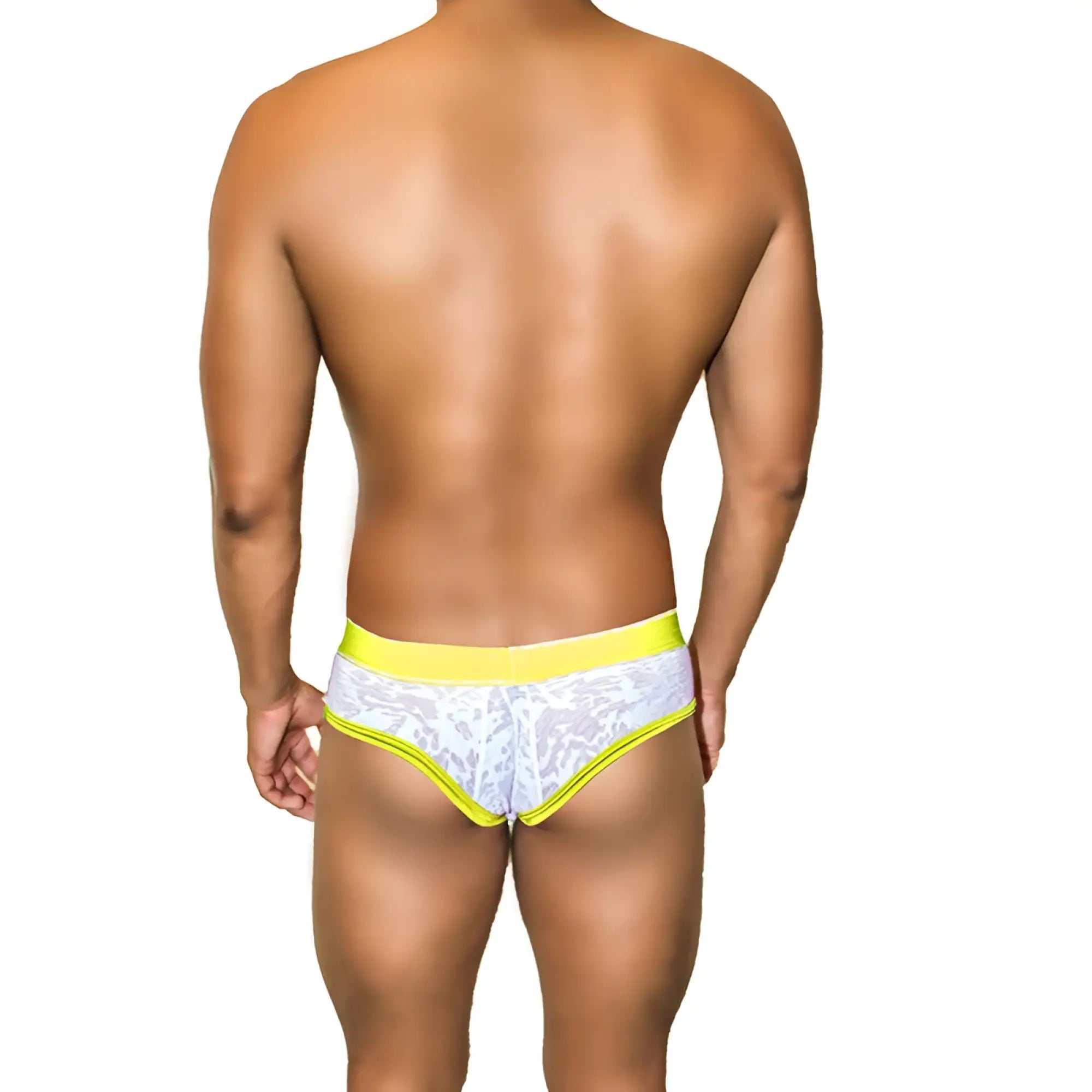 White lace briefs with neon yellow mesh piping waistband and trim from icker sea acid mango collection