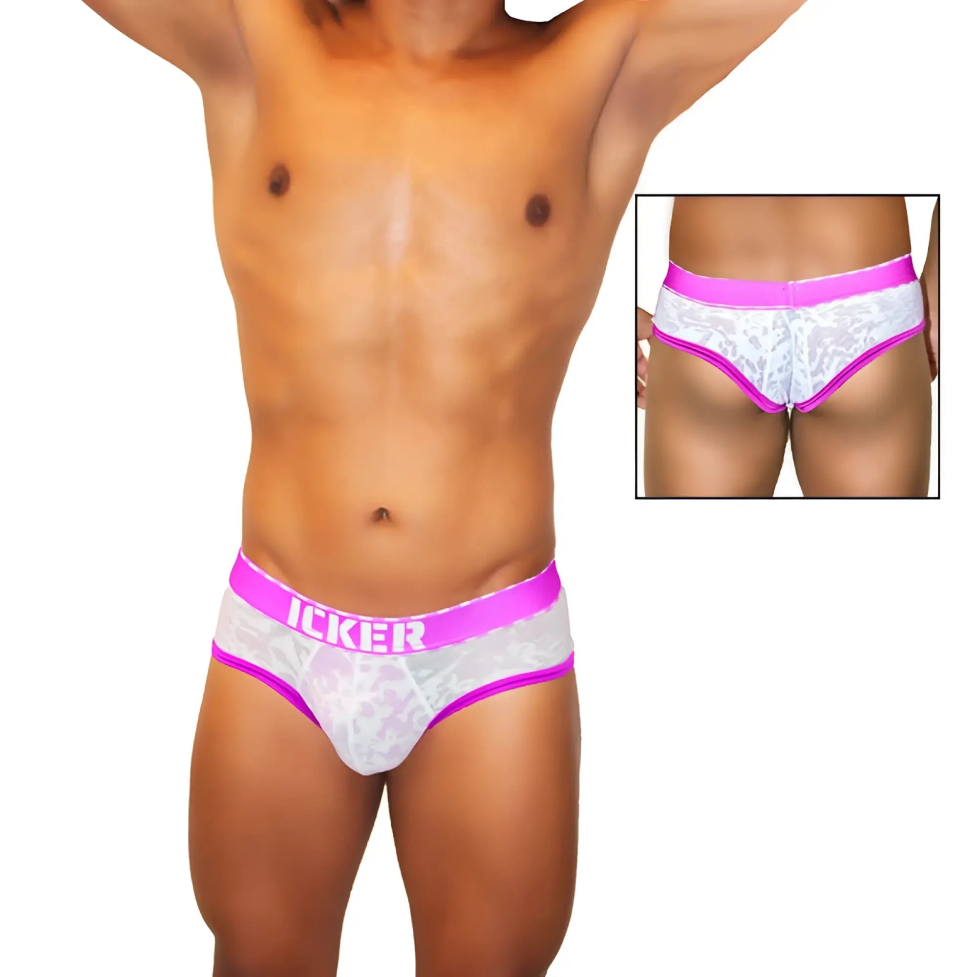 White lace men’s briefs with vibrant pink trim and waistband featuring icker branding in bold white letters