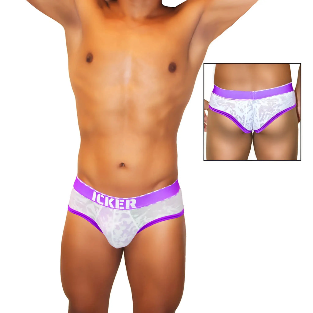 Purple and white lace-trimmed men’s briefs with mesh piping and bold icker branded waistband in purple