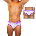Purple and white lace-trimmed men’s briefs with mesh piping and bold icker branded waistband in purple