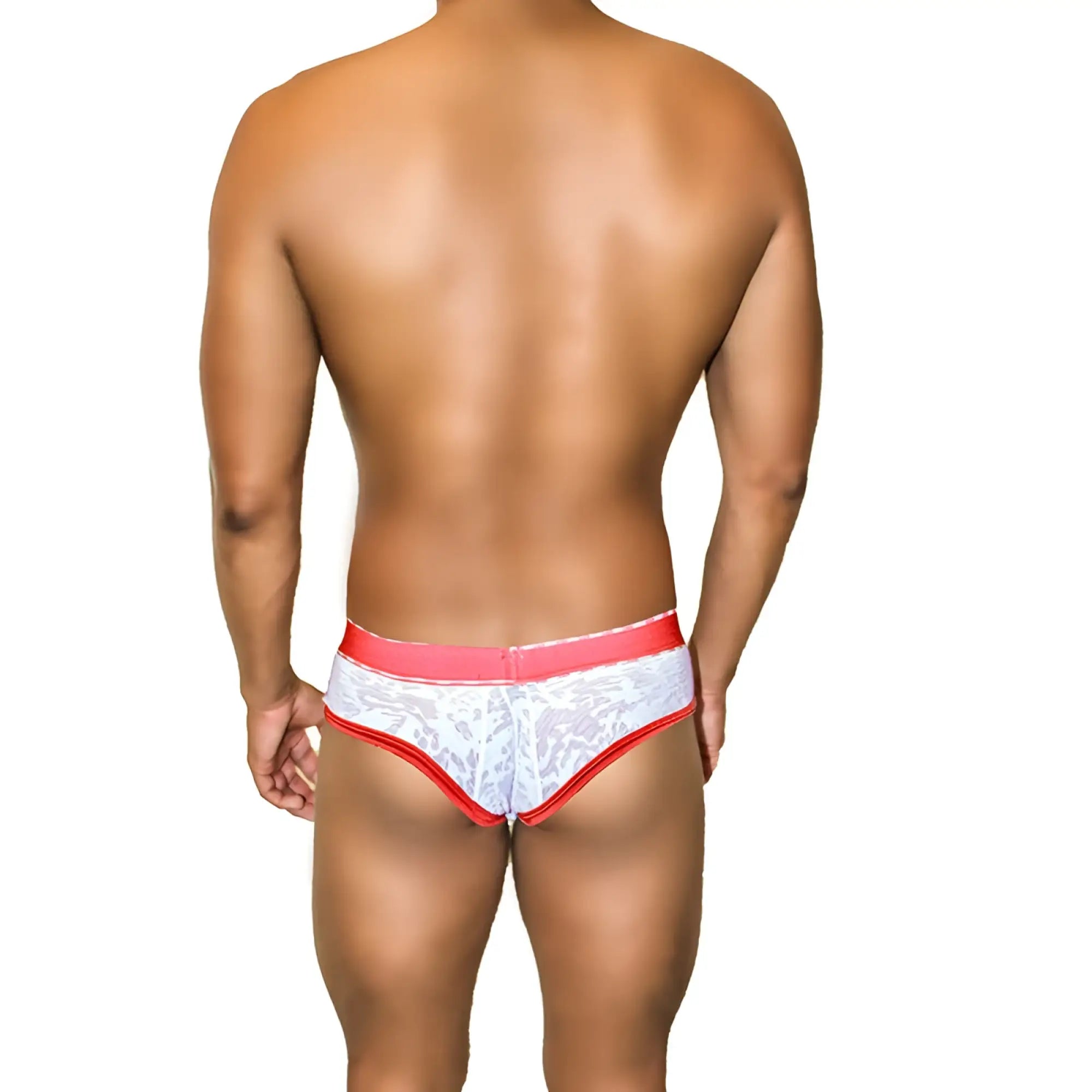 Icker Sea Acid Mesh piping brief underwear in white lace with red trim and elastic waistband COI-21-02