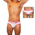 White lace briefs with red mesh piping and pink waistband featuring icker branding in white lettering