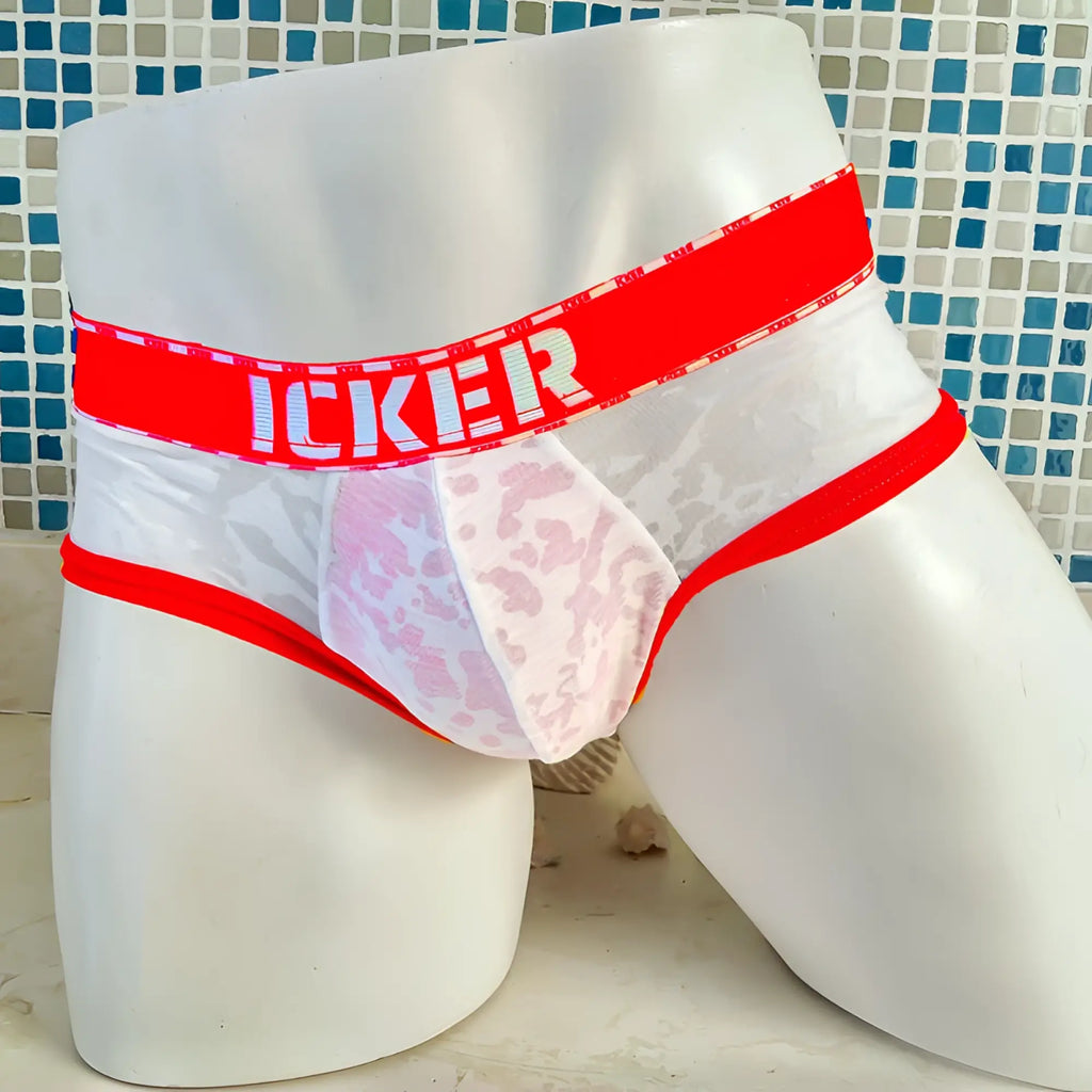 Icker sea acid mesh piping brief underwear red with white lace panel and pink floral patterns branded icker on waistband