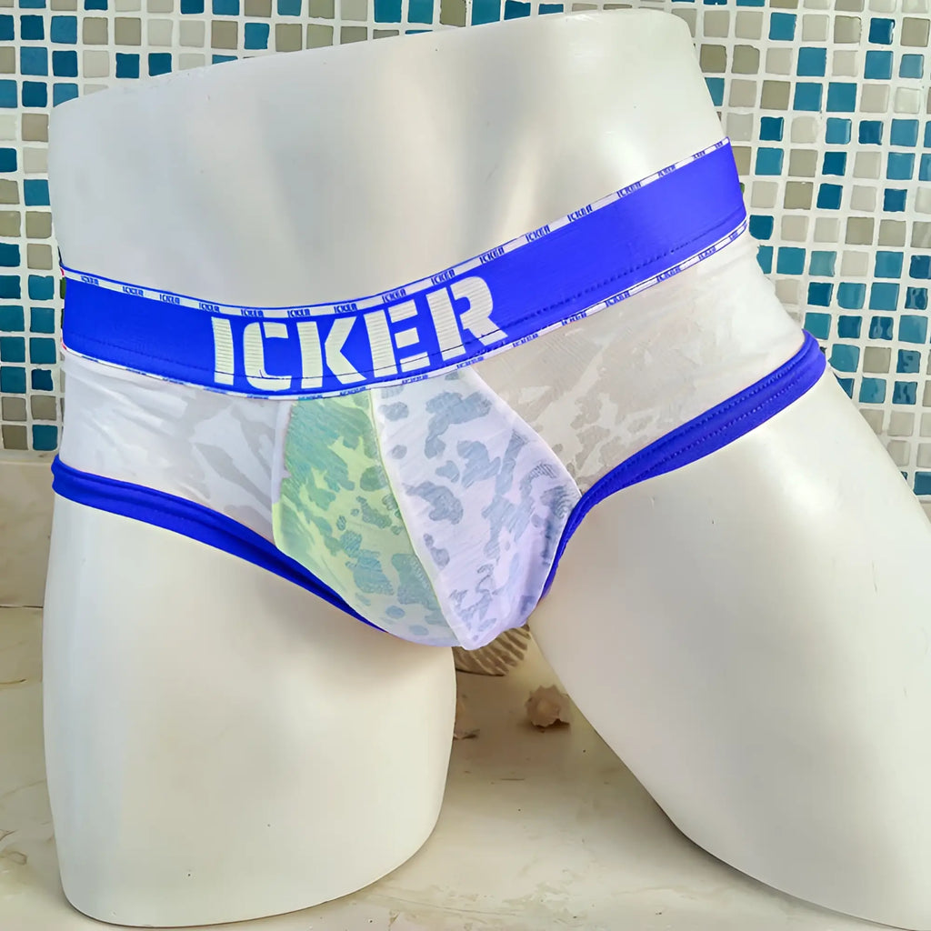 White and blue lace-trimmed icker sea acid mesh piping brief underwear with royal blue waistband and bold logo