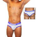 White lace men’s briefs with blue trim and icker branded waistband from icker sea acid mesh piping brief royal blue