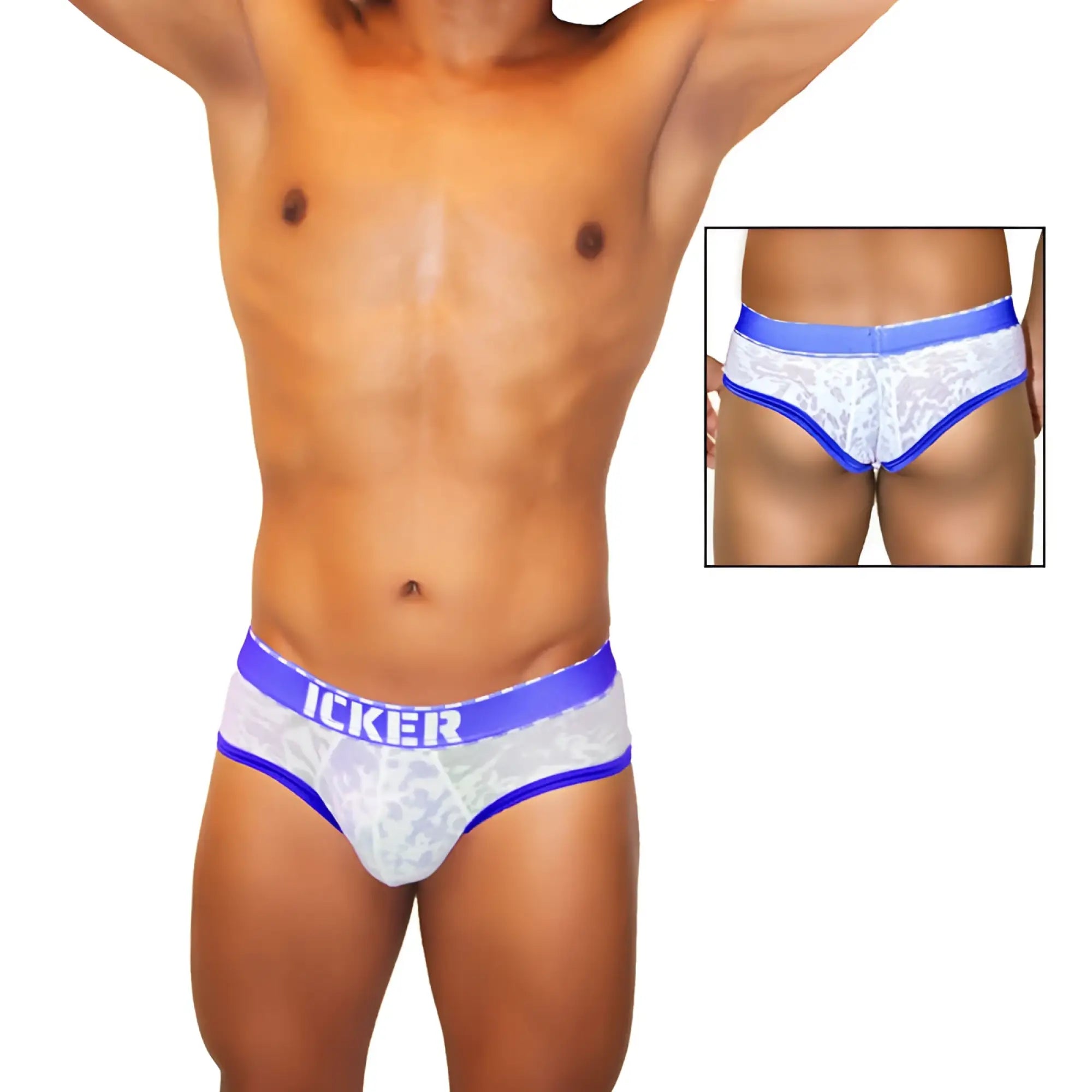 White lace men’s briefs with blue trim and icker branded waistband from icker sea acid mesh piping brief royal blue