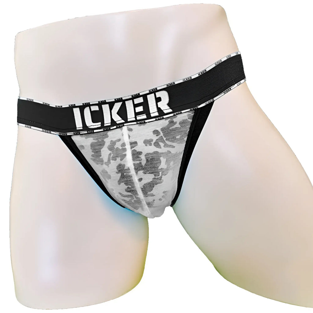 Black and gray camouflage mens briefs with bold icker logo waistband in icker sea acid mesh piping cheeky tanga bikini style