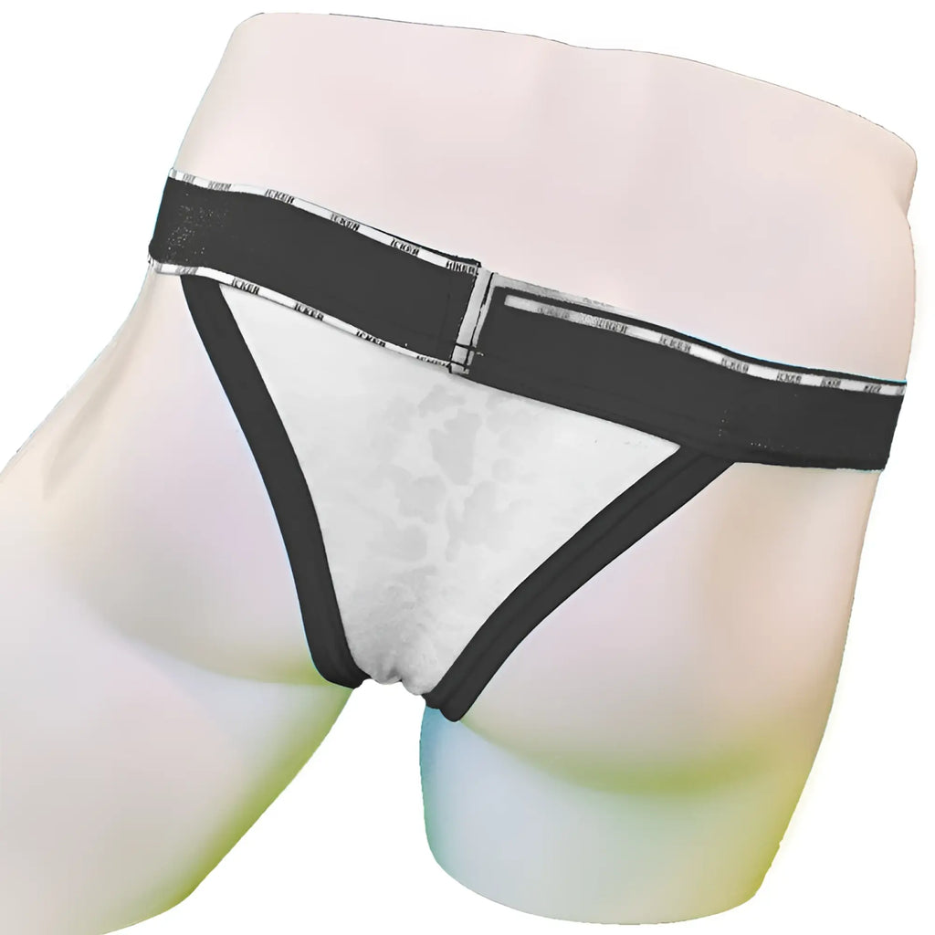 Black and white patterned cheeky tanga bikini underwear with branded waistband in acid mesh piping design