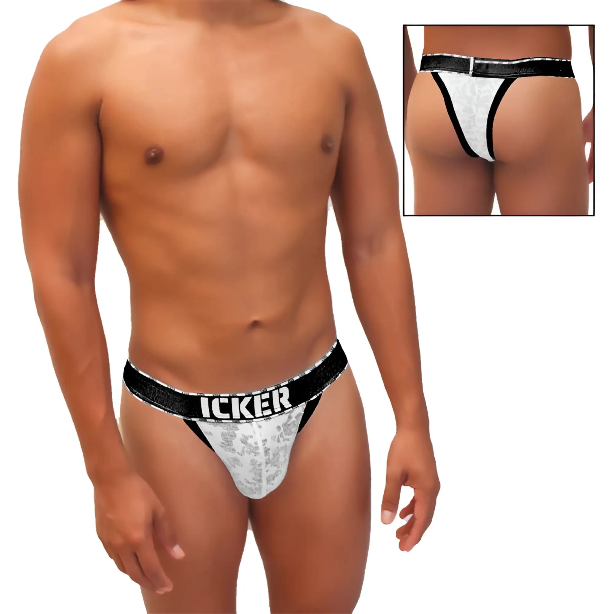 White lace thong with black elastic waistband and icker branding from icker sea acid mesh piping cheeky tanga bikini black