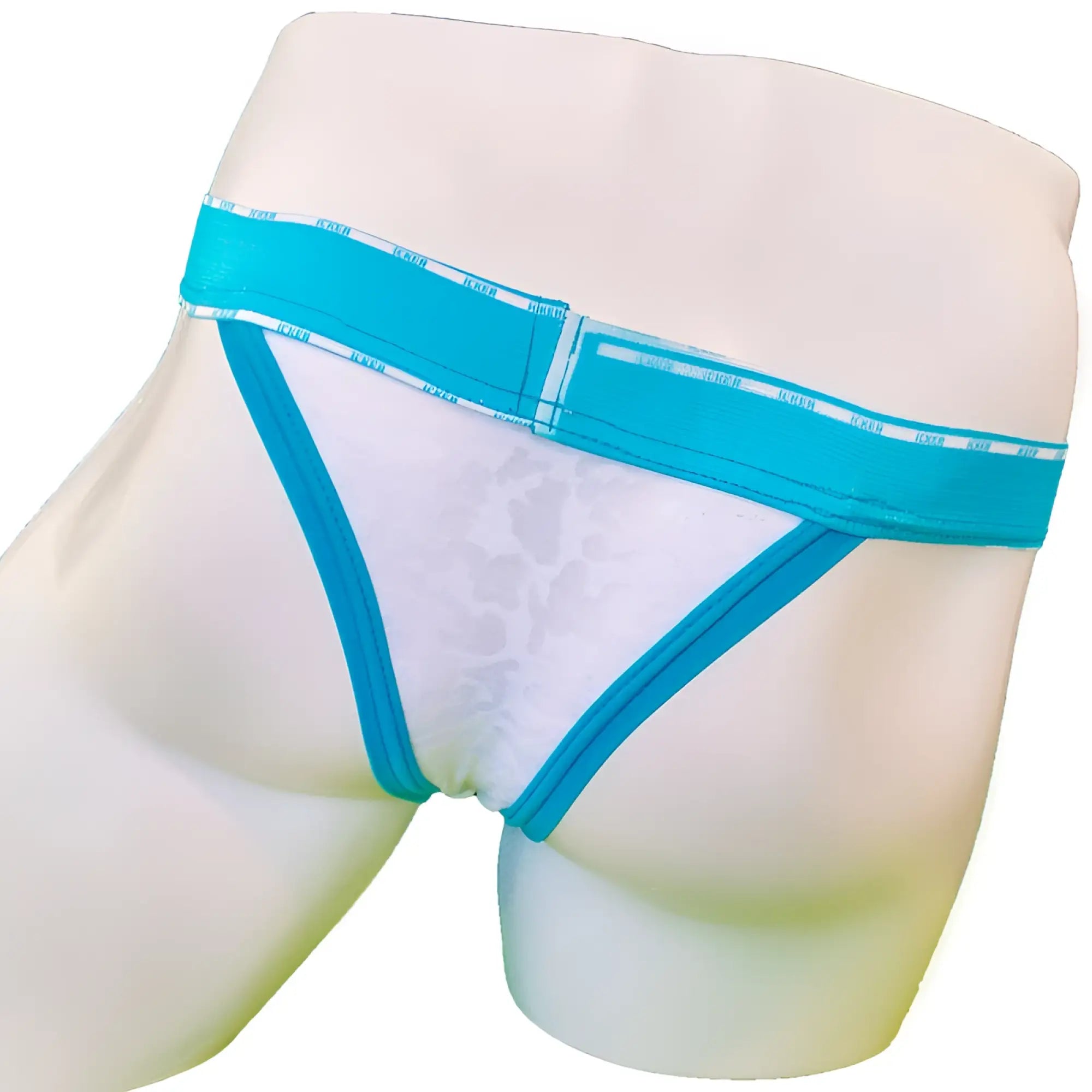 Bright turquoise and white icker sea acid mesh piping cheeky tanga bikini underwear with subtle pattern design