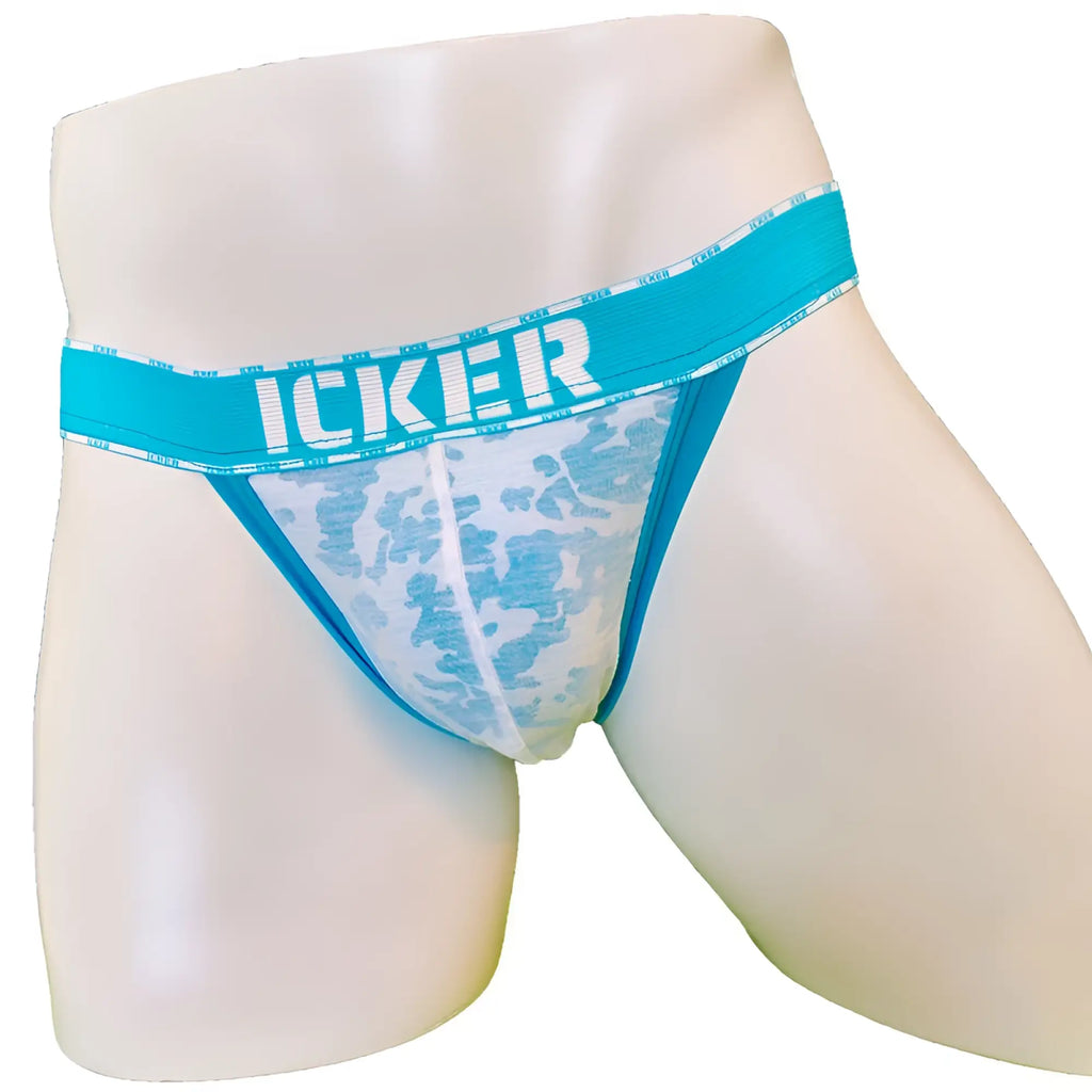 Blue and white camouflage mesh piping cheeky tanga bikini underwear with icker logo waistband by icker