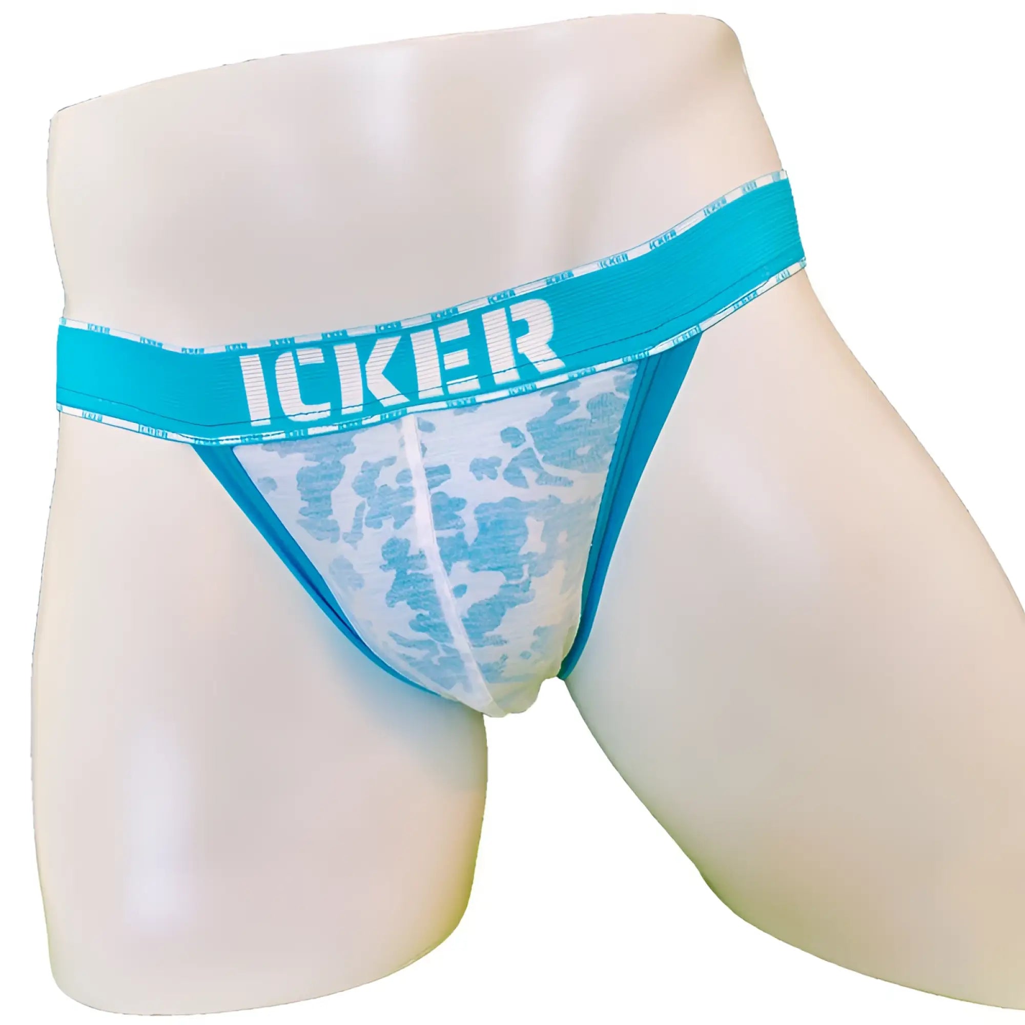Blue and white camouflage mesh piping cheeky tanga bikini underwear with icker logo waistband by icker