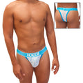 Blue and white lace thong cheeky tanga underwear with icker branding on waistband in sea acid mesh piping design